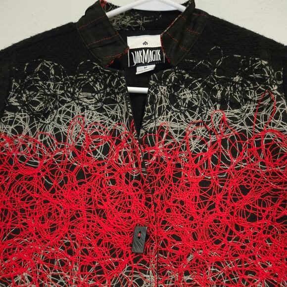 Yak Magik Black Wool Blend Art-to-Wear Red and Gray String Print Jacket, Size M - Picture 3 of 11